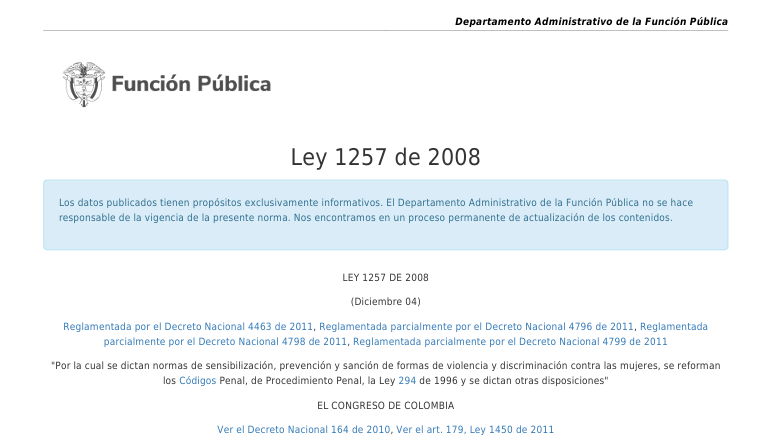 Ley 1257 de 2008: Protección integral contra la violencia y discriminación hacia la mujer 